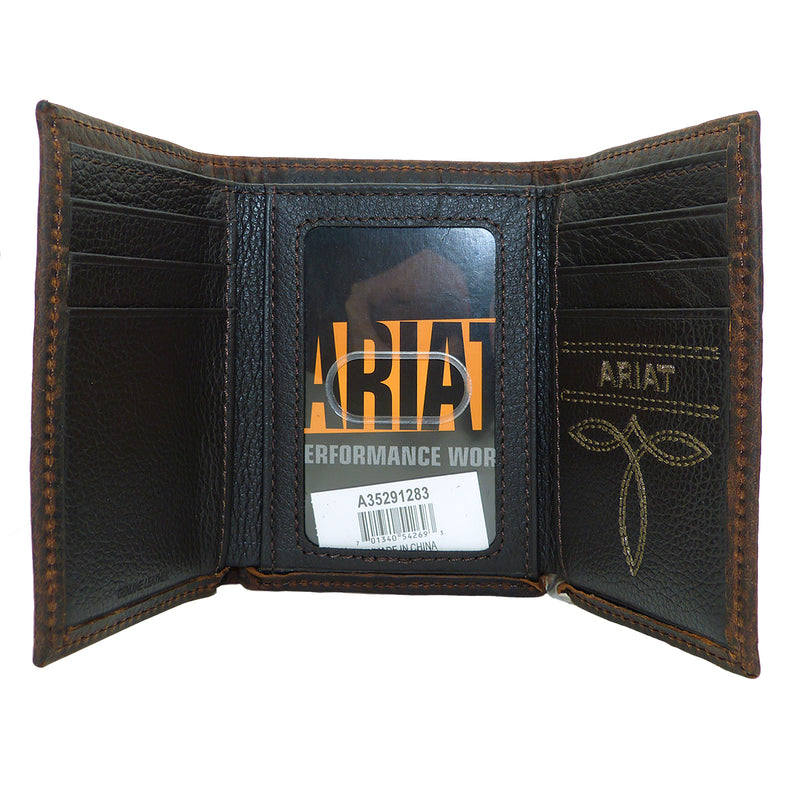 Ariat Western Mens Leather Shield Dark Brown Rowdy Tri-Fold Wallet - ILoveThatGift