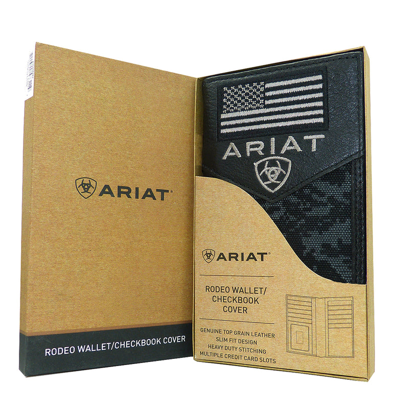 Ariat Western Mens Black Leather Digital Camo Rodeo Wallet Checkbook Cover USA Flag - ILoveThatGift