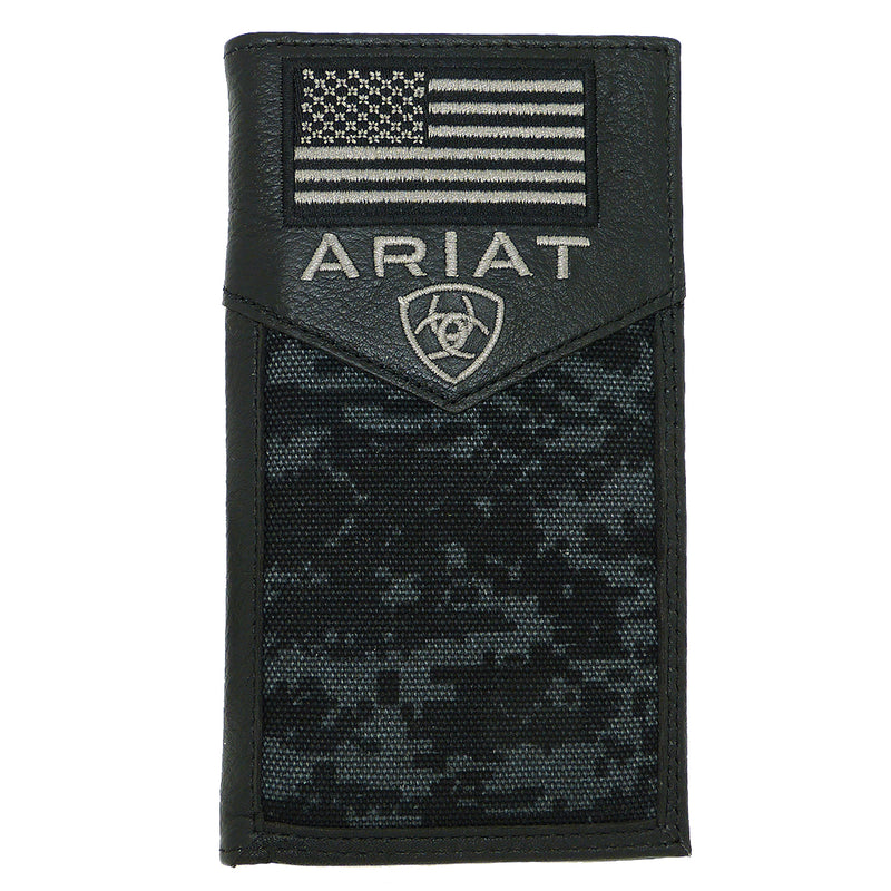 Ariat Western Mens Black Leather Digital Camo Rodeo Wallet Checkbook Cover USA Flag - ILoveThatGift