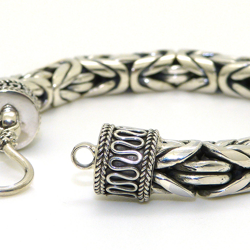 8mm Sterling Silver Mens Handmade Bali Solid Byzantine Link Bracelet with Hook Clasp 9.0