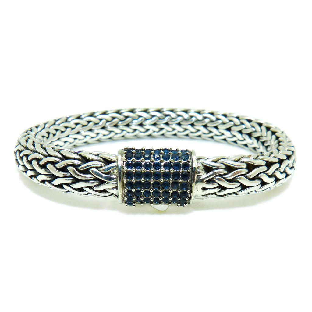 Sterling Silver Bali Basketweave Bracelet with Blue Sapphire Cluster Clasp - ILoveThatGift