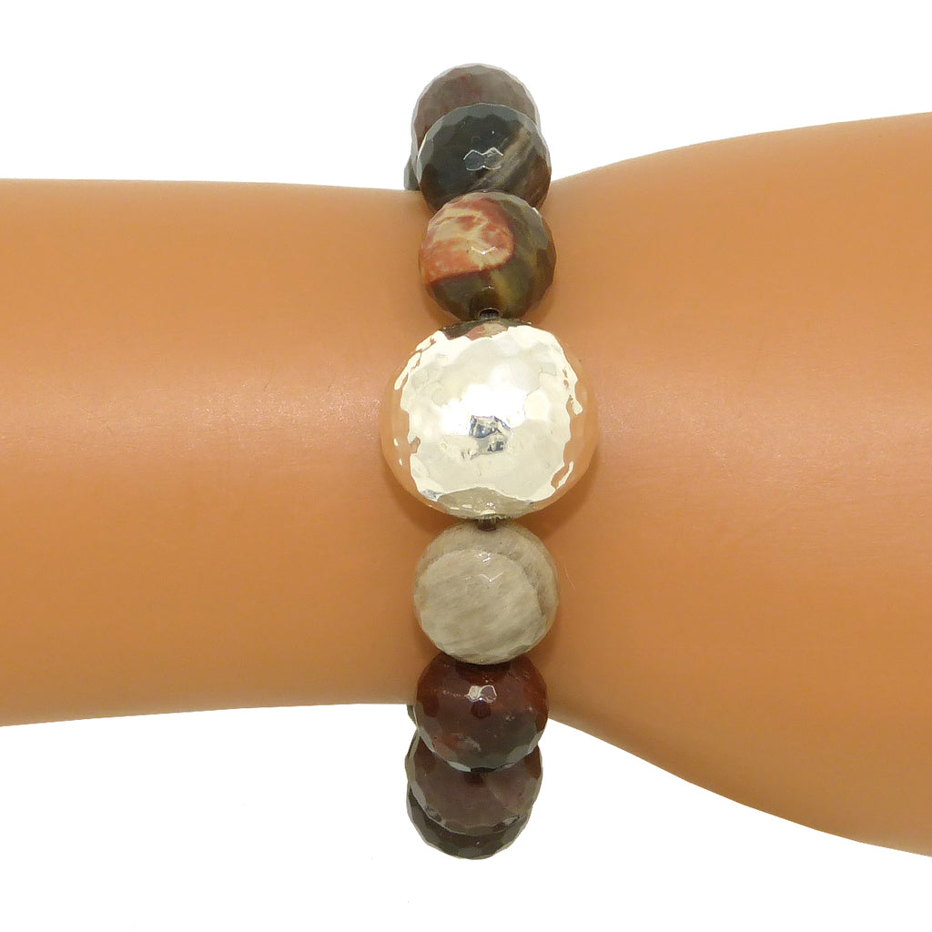 Simon Sebbag Stretch Petrified Wood Beads Bracelet with Hammered Sterling Silver B100FPW - ILoveThatGift