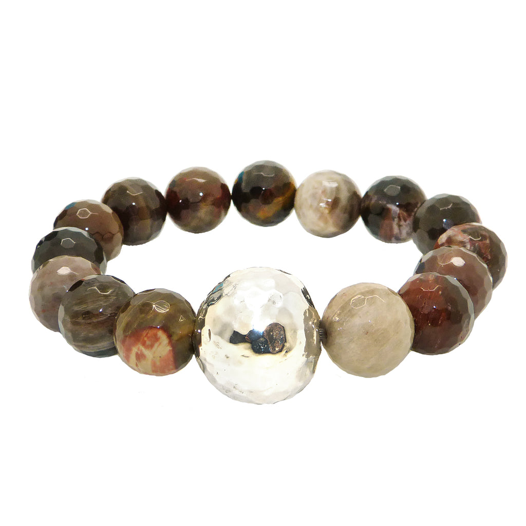 Simon Sebbag Stretch Petrified Wood Beads Bracelet with Hammered Sterling Silver B100FPW - ILoveThatGift
