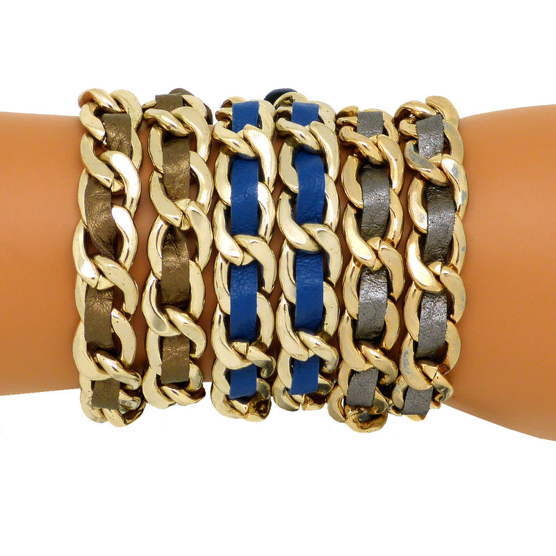 Zenzii Gold Chain Link and Brown Blue or Gray Leather Double Wrap Buckle Bracelet - ILoveThatGift