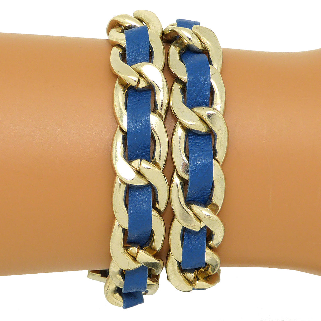 Zenzii Gold Chain Link and Brown Blue or Gray Leather Double Wrap Buckle Bracelet Brown