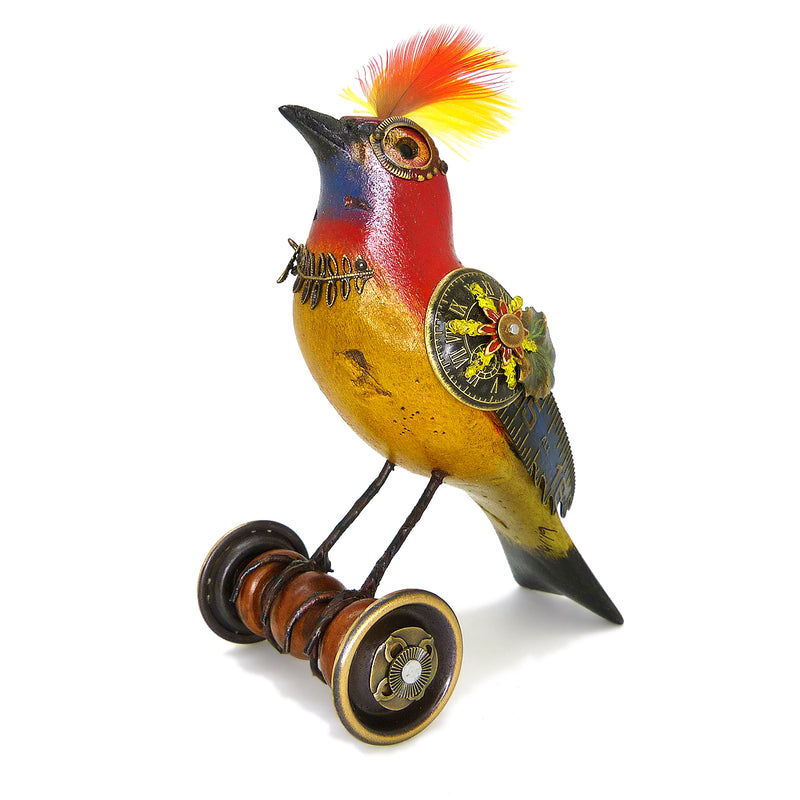 Mullanium Red Yellow Bird on Wheels Artists Jim Tori Mullan Steampunk Handmade - ILoveThatGift