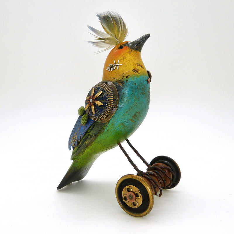 Mullanium Blue Yellow Green Bird on Wheels Artists Jim Tori Mullan Steampunk Handmade - ILoveThatGift