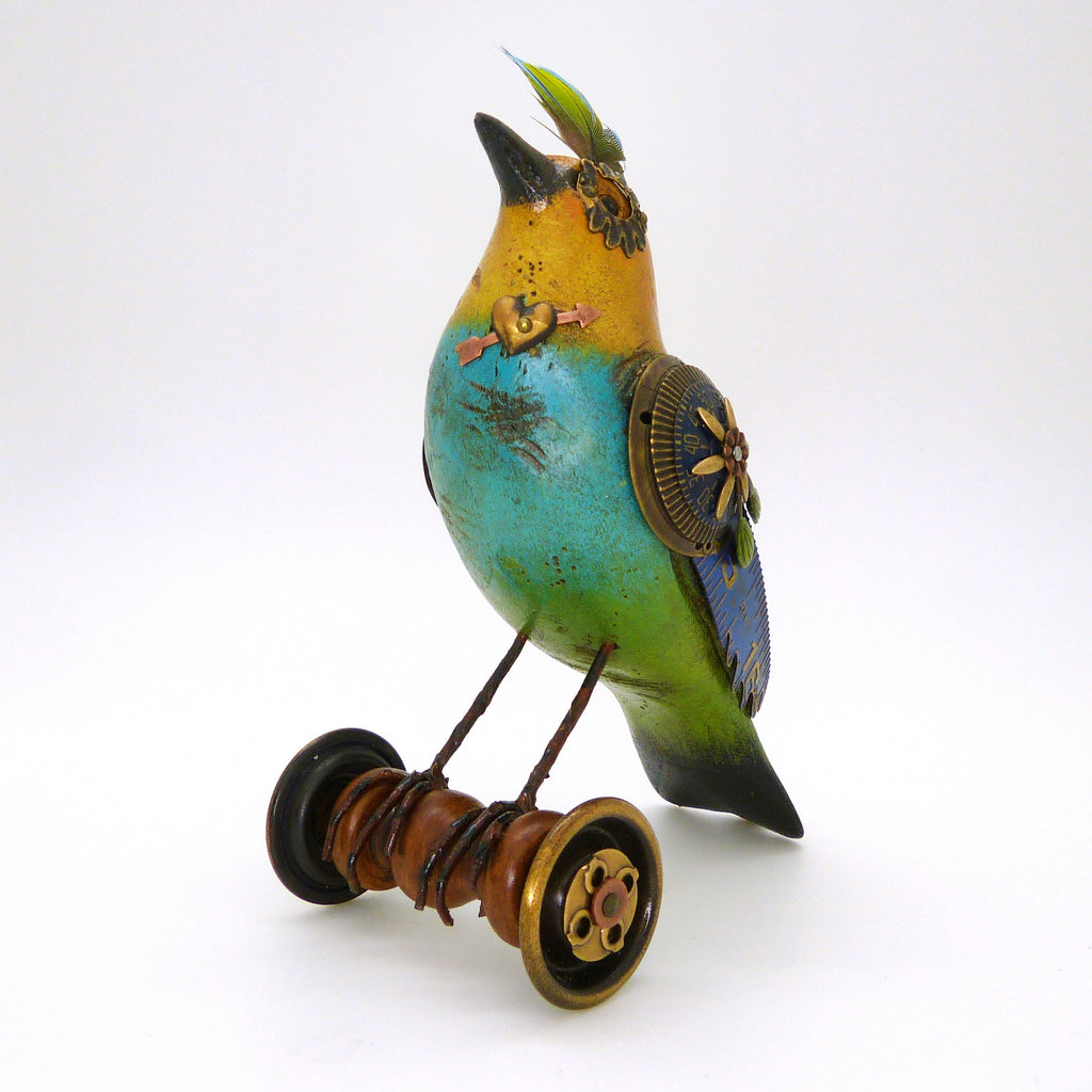 Mullanium Blue Yellow Green Bird on Wheels Artists Jim Tori Mullan Steampunk Handmade - ILoveThatGift