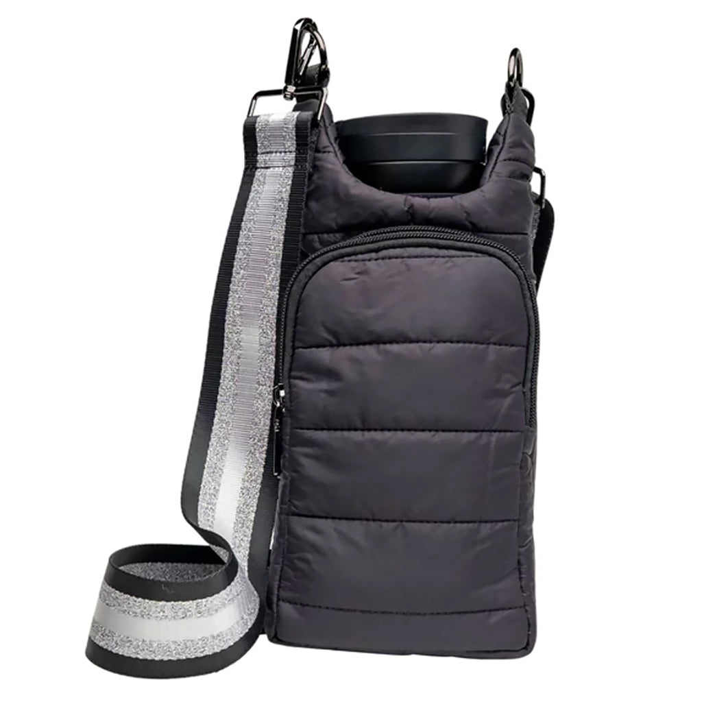 Wanderfull Water Bottle Bag Black Matte & Striped Strap Carrier Puffer Tote Quilted Handbag Sling Crossbody