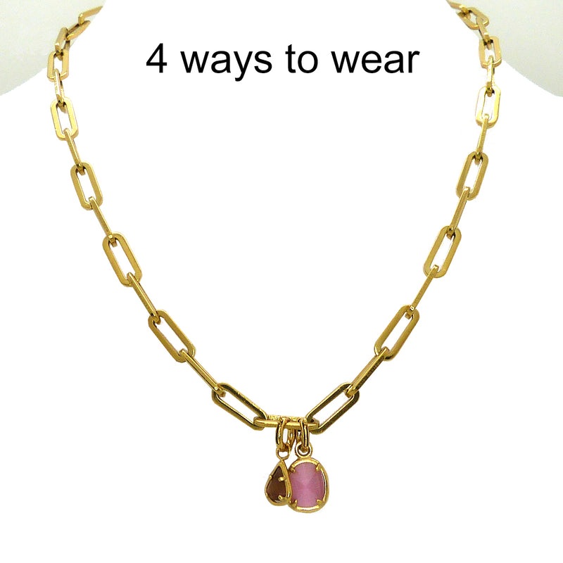 Double Charm Pink Cat's Eye Crystal Gold Paperclip Chain Necklace by Trades Haim Shahar - ILoveThatGift