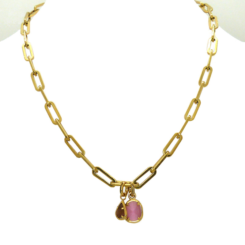 Double Charm Pink Cat's Eye Crystal Gold Paperclip Chain Necklace by Trades Haim Shahar - ILoveThatGift