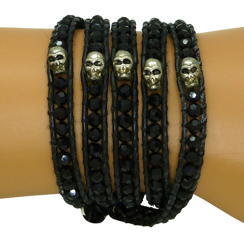 Chan Luu Wrap Bracelet Silver Skull Black Crystal Bead Dark Black Leather 5 Wrap 202
