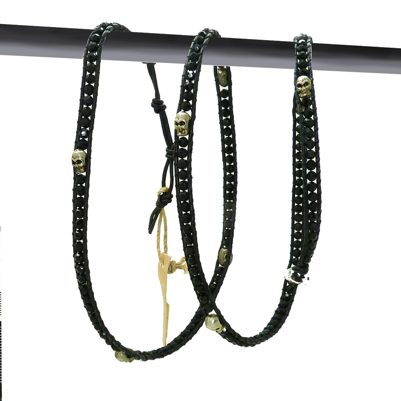 Chan Luu Wrap Bracelet Silver Skull Black Crystal Bead Dark Black Leather 5 Wrap 202