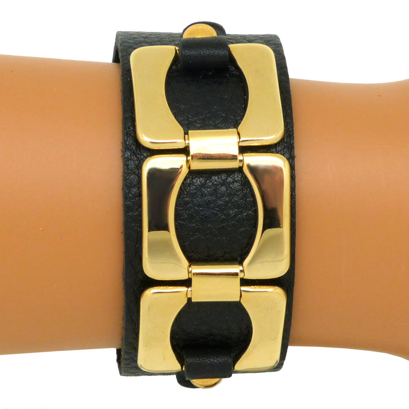 Black Leather Bracelet Gold toned Chain Link Accent Snap Closure - ILoveThatGift