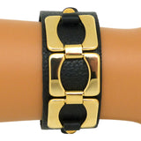 Black Leather Bracelet Gold toned Chain Link Accent Snap Closure