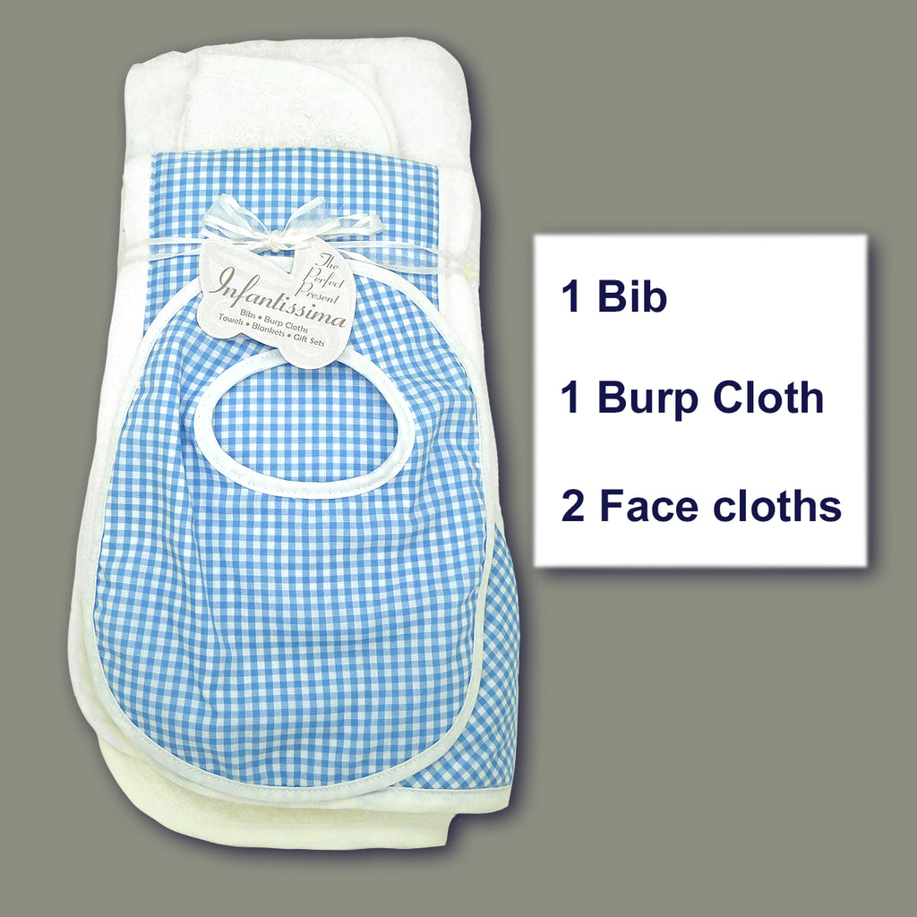 Infantissima Bib, Burp Burpy, Hooded Towel  Set  - Blue Gingham Check - ILoveThatGift