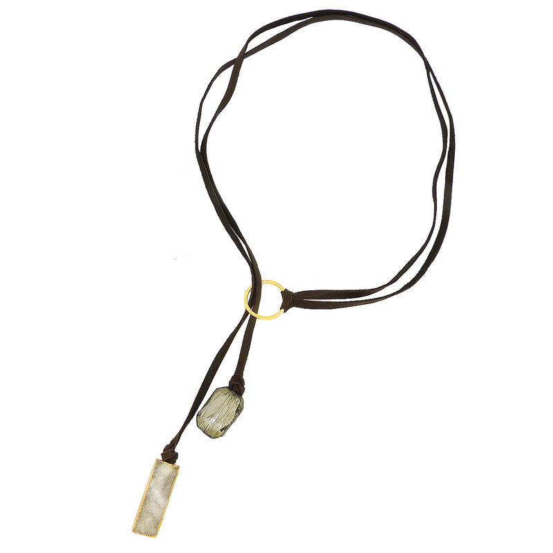 Gigi & Sugar Deerskin Druzy Gold Smoke Quartz Leather Necklace Choker Dark Brown - ILoveThatGift