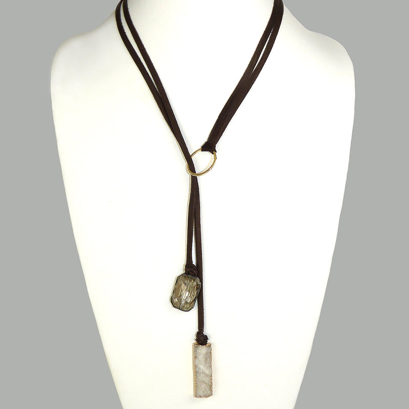 Gigi & Sugar Deerskin Druzy Gold Smoke Quartz Leather Necklace Choker Dark Brown - ILoveThatGift
