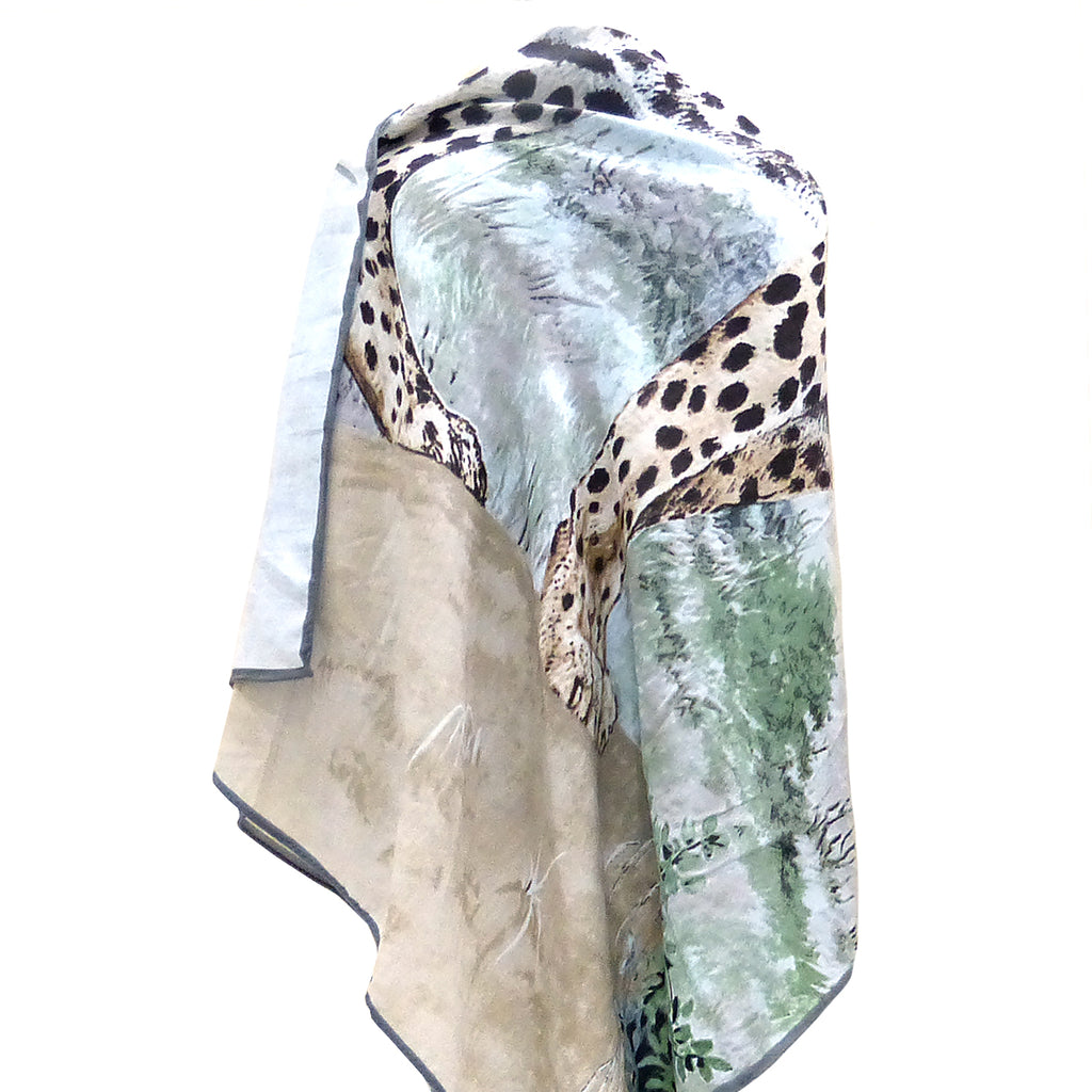 70% Cashmere 30% Silk Scarf Fashion Tan Cheetah Leopard Shawl Hand Rolled Kerchief 53" Square