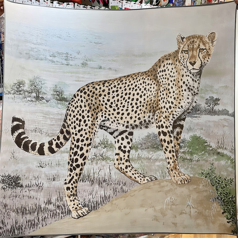 70% Cashmere 30% Silk Scarf Fashion Tan Cheetah Leopard Shawl Hand Rolled Kerchief 53" Square
