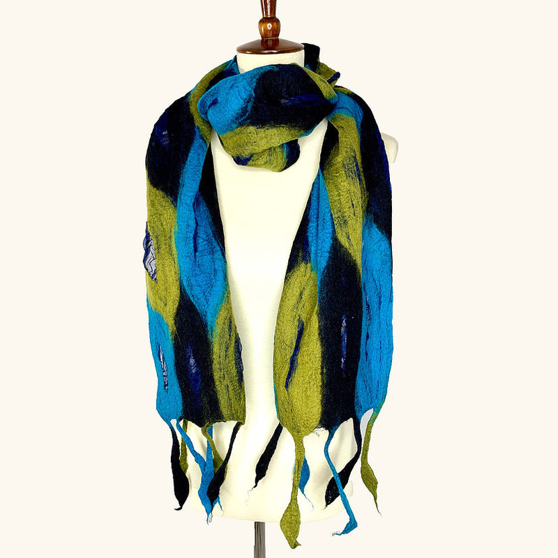 Handmade Felted Merino Wool Chiffon Scarf Wrap Pomegranate Moon Feather Blue  77" x 13" - ILoveThatGift
