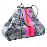 Neoprene Camo Tote Bag Purse Pink Orange Stripe in Gray or Green for Beach, Gym, Travel - ILoveThatGift
