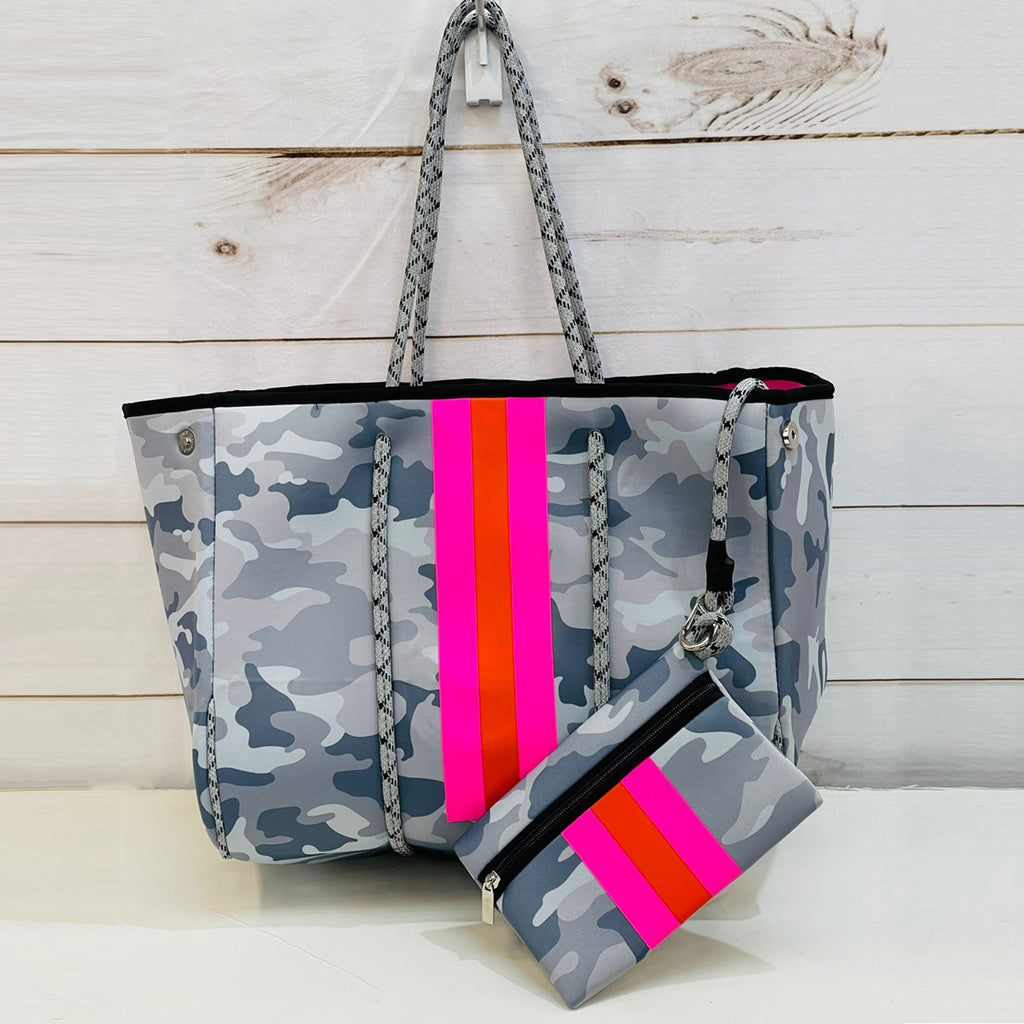 Neoprene Camo Tote Bag Purse Pink Orange Stripe in Gray or Green for Beach, Gym, Travel Green Camo
