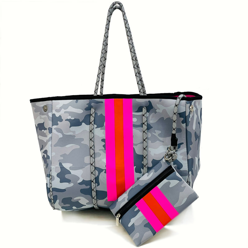 Neoprene Camo Tote Bag Purse Pink Orange Stripe in Gray or Green for Beach, Gym, Travel - ILoveThatGift