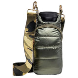 Wanderfull Water Bottle Bag Army Green Metallic & Camo Strap Carrier Puffer Tote Quilted Handbag Sling Crossbody