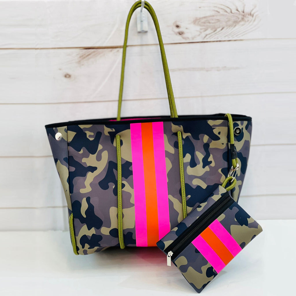 Camo, Pink & Orange Stripe Neoprene Tote Bag