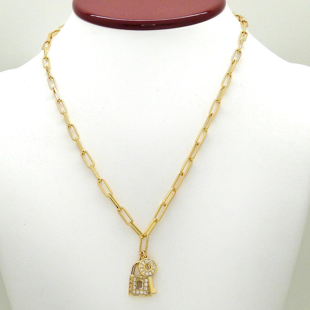 Amore 18K Gold Link Necklace with Rhinestone Key and Lock by Sahira - ILoveThatGift