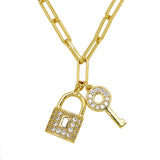 Amore 18K Gold Link Necklace with Rhinestone Key and Lock by Sahira