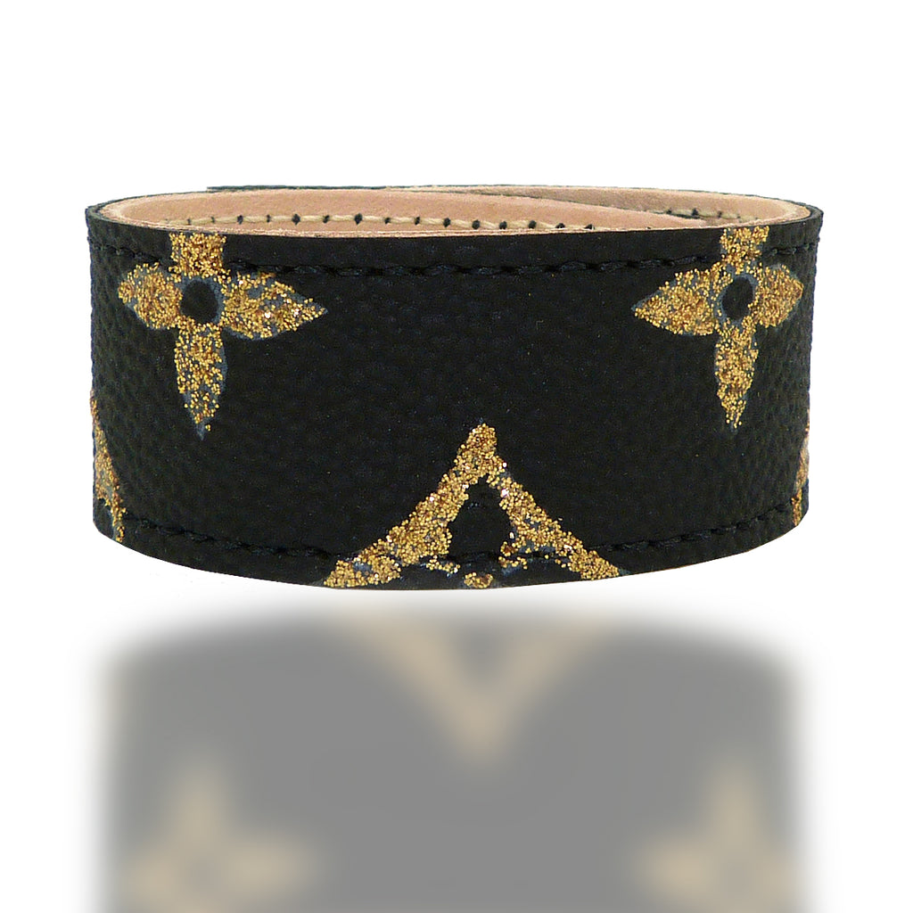 Repurposed Handpainted Black Gold Louis Vuitton Monogram Leather Cuff Bracelet Suzy T Designs - ILoveThatGift