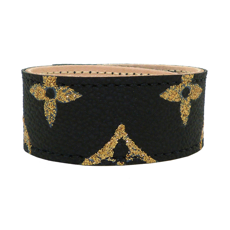 Repurposed Handpainted Black Gold Louis Vuitton Monogram Leather Cuff Bracelet Suzy T Designs - ILoveThatGift