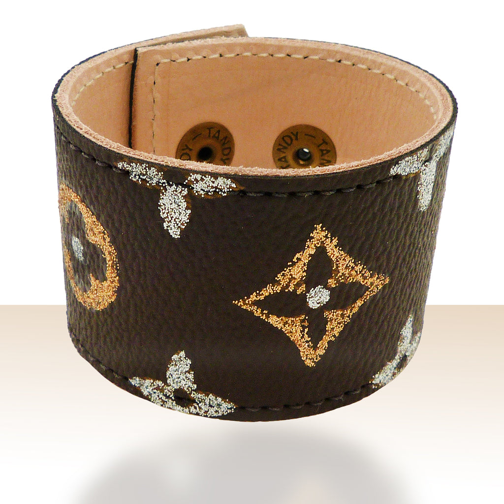 Suzy T Designs Repurposed Handpainted Monogram LV Leather Cuff Bracelet