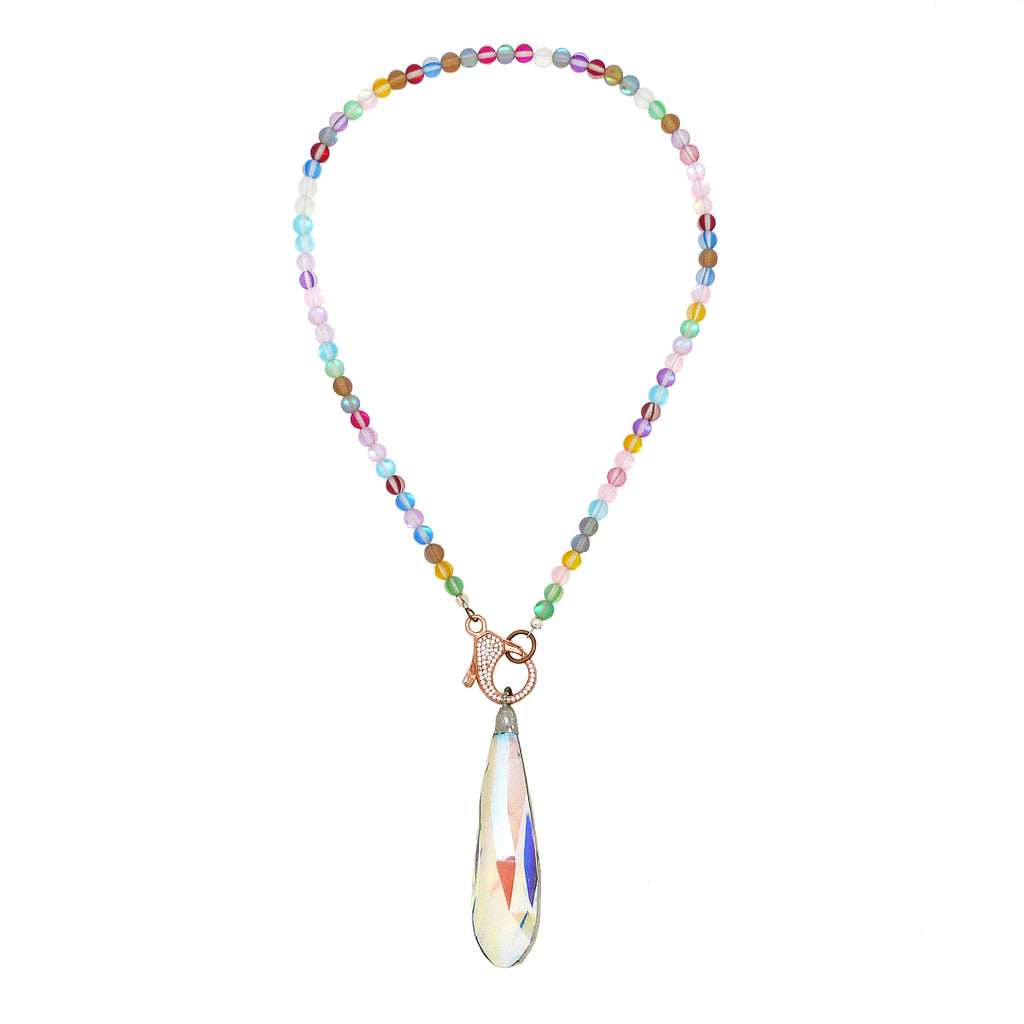 Gigi & Sugar Lynn Rainbow Matte Beads Large Faceted AB Crystal Rose Gold Necklace - ILoveThatGift