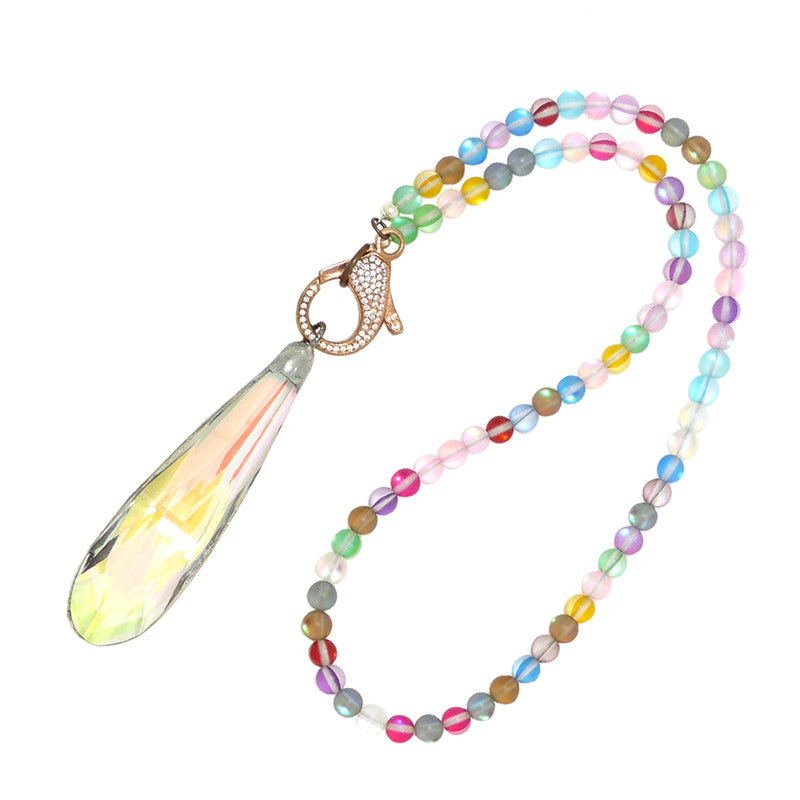 Gigi & Sugar Lynn Rainbow Matte Beads Large Faceted AB Crystal Rose Gold Necklace - ILoveThatGift