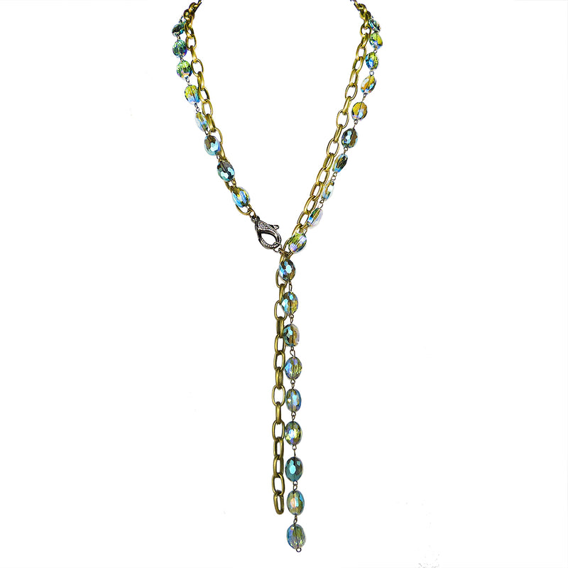 Gigi & Sugar Lynn Blue Rainbow AB Faceted Crystal Antique Gold Necklace Chain - ILoveThatGift