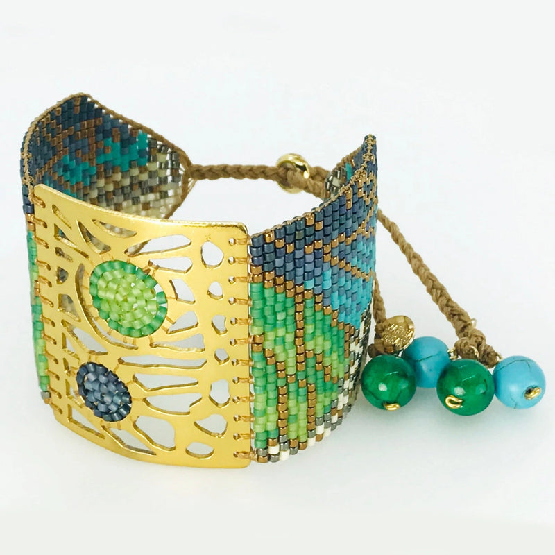 Handmade 18 Kt. Gold-Plated Bead Bracelet Blue Green Butterfly Large by Martha Duran