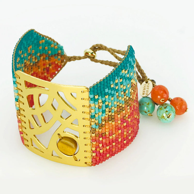 Handmade 18 Kt. Gold-Plated Bead Bracelet Coral & Turquoise Miro Large by Martha Duran