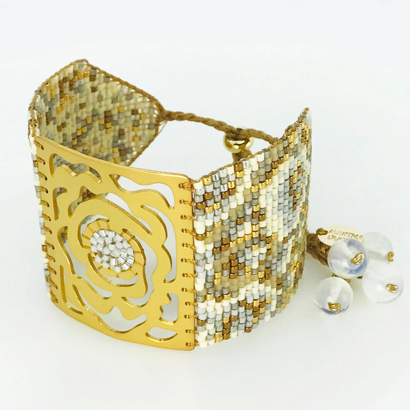 Handmade 18 Kt. Gold-Plated Bead Bracelet White Silver Rose Large by Martha Duran