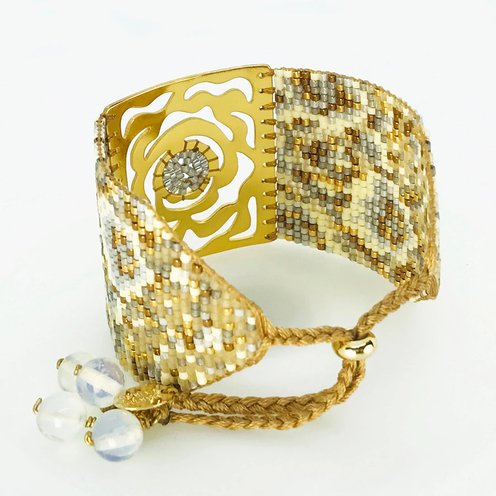 Handmade 18 Kt. Gold-Plated Bead Bracelet White Silver Rose Large by Martha Duran