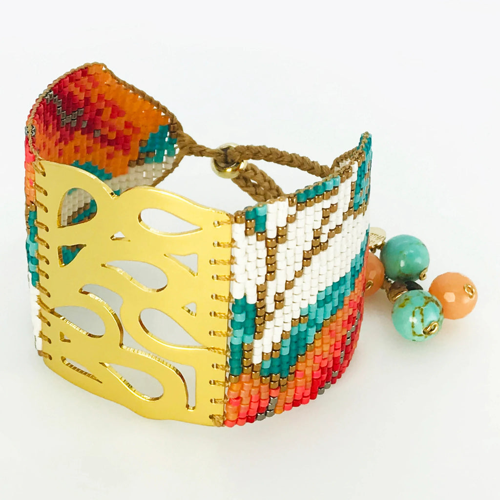 Handmade 18 Kt. Gold-Plated Bead Bracelet Summer Drops Coral & Turquoise Large by Martha Duran