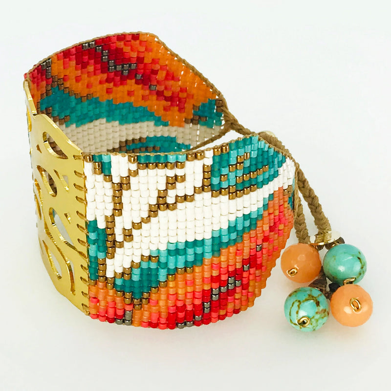 Handmade 18 Kt. Gold-Plated Bead Bracelet Summer Drops Coral & Turquoise Large by Martha Duran