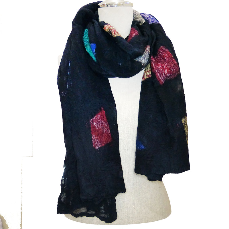 Handmade Felted Merino Wool Chiffon Scarf Wrap Pomegranate Moon Mosaic 76" x 29" - ILoveThatGift