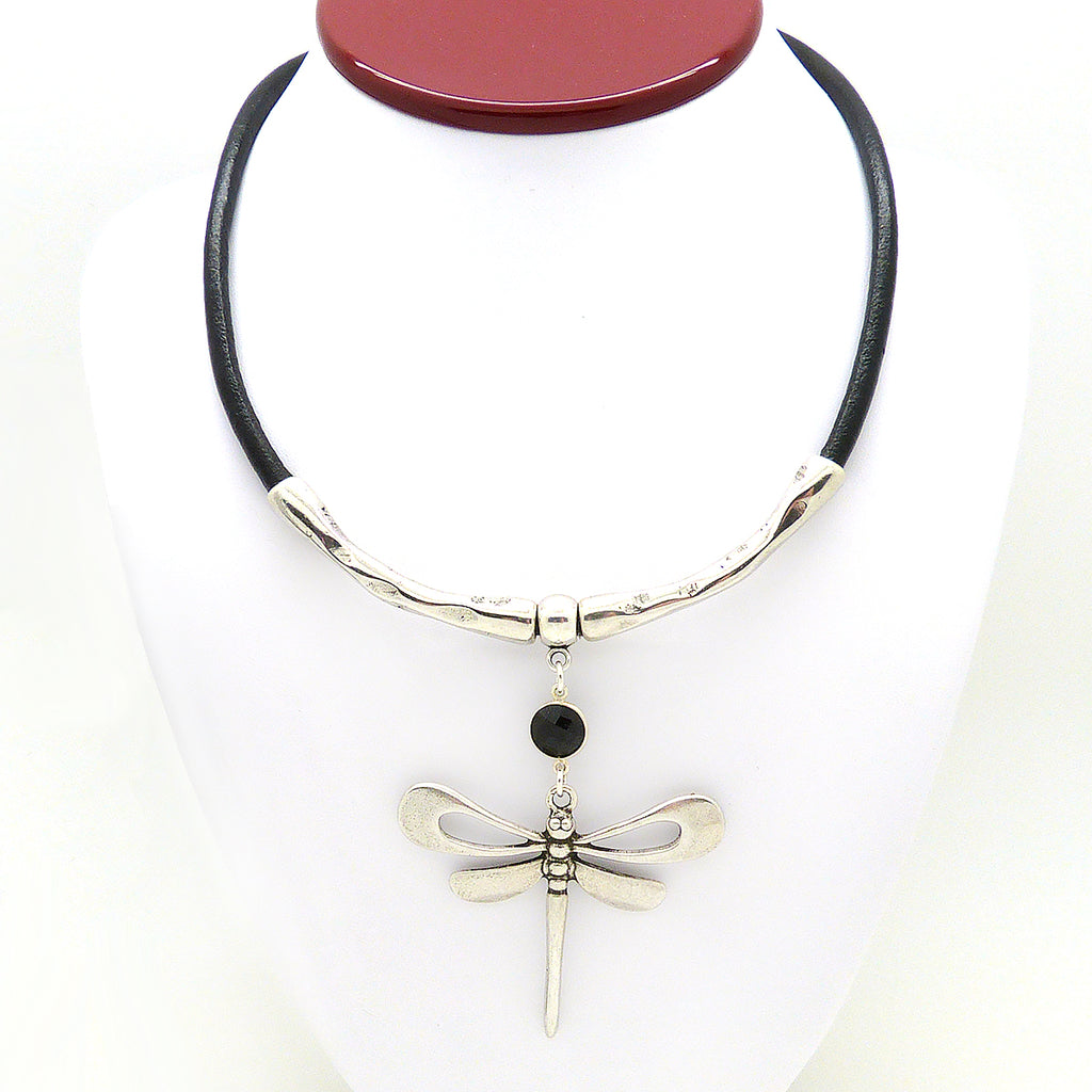 Lilly's Allure Black Leather Silver Dragonfly Necklace N18 Wear with Uno de 50 - ILoveThatGift