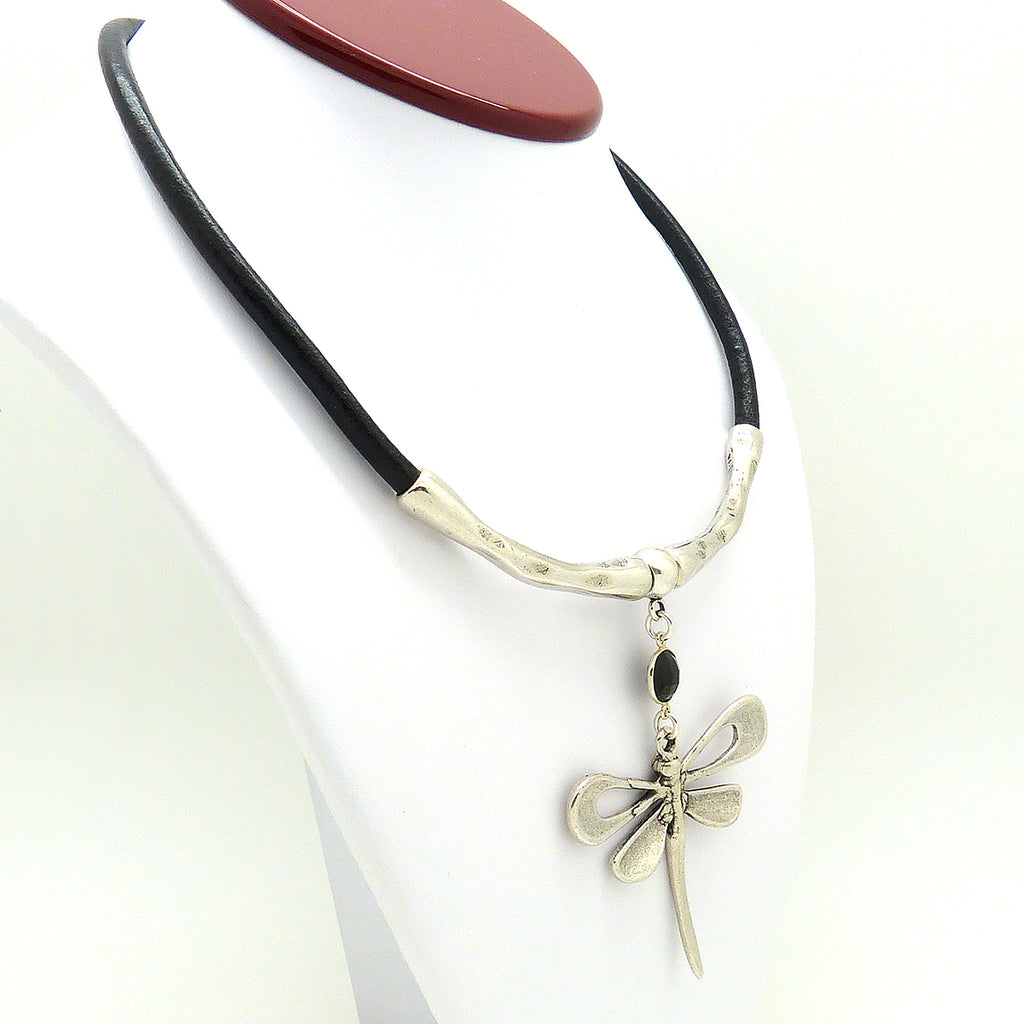 Lilly's Allure Black Leather Silver Dragonfly Necklace N18 Wear with Uno de 50 - ILoveThatGift