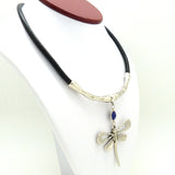 Lilly's Allure Black Leather Silver Dragonfly Necklace Blue Stone N18 Wear with Uno de 50 - ILoveThatGift