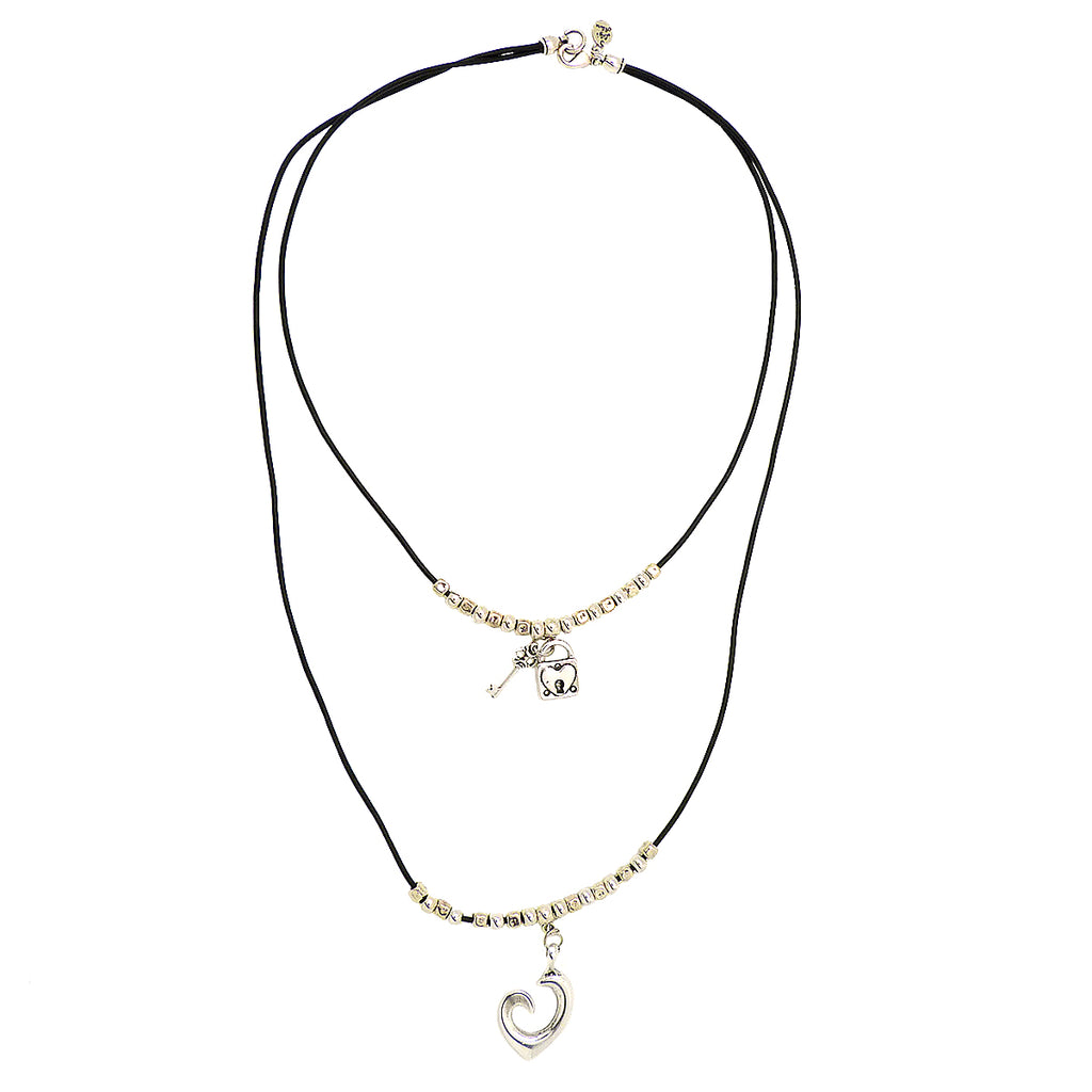 Lilly's Allure Black Leather Silver Double Heart Necklace N23 Wear w Uno de 50 - ILoveThatGift