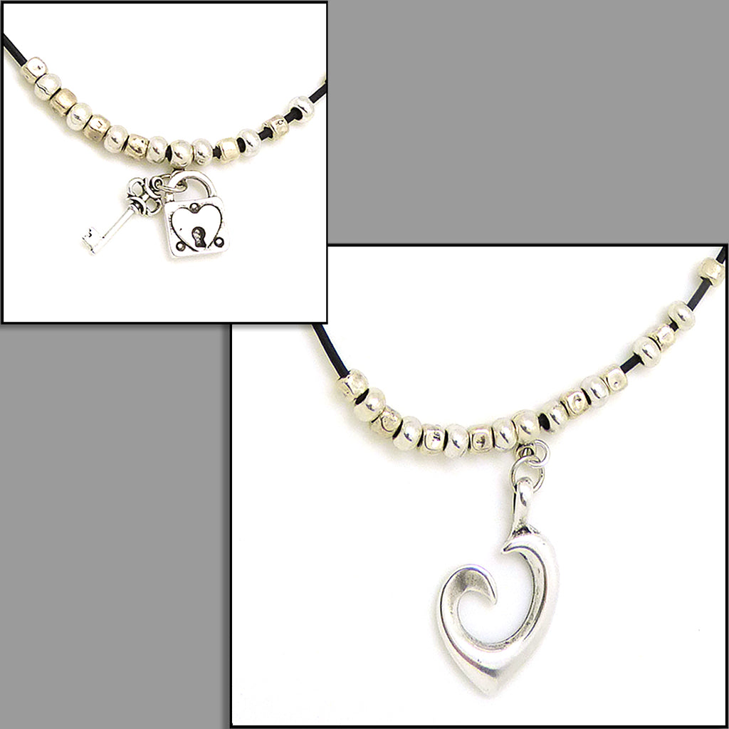 Lilly's Allure Black Leather Silver Double Heart Necklace N23 Wear w Uno de 50 - ILoveThatGift